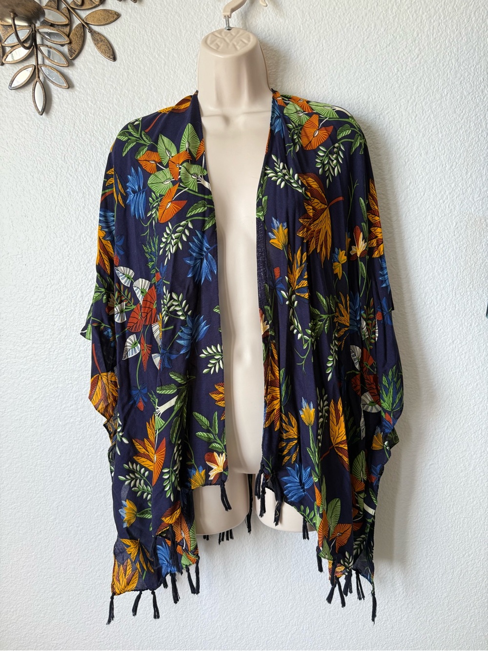 Navy Floral Kimono Cover-Up with Tassels
